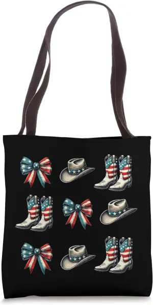 Patriotic USA Western Cowboy Coquette Boots Hats 4th Of July Tote Bag