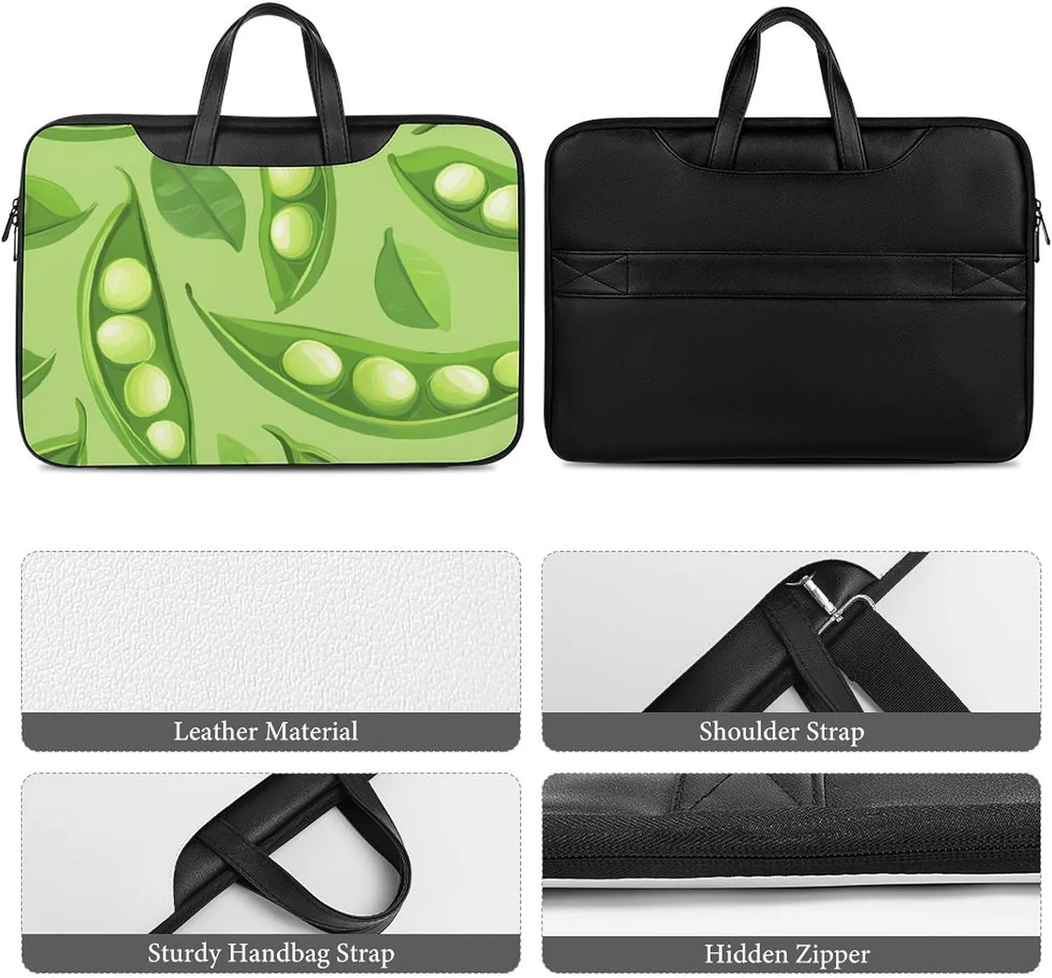 Pea Pod Green Leaves Leather Bag Laptop Case Slim Water Resistant Computer Bags with Handle Briefcase for Work