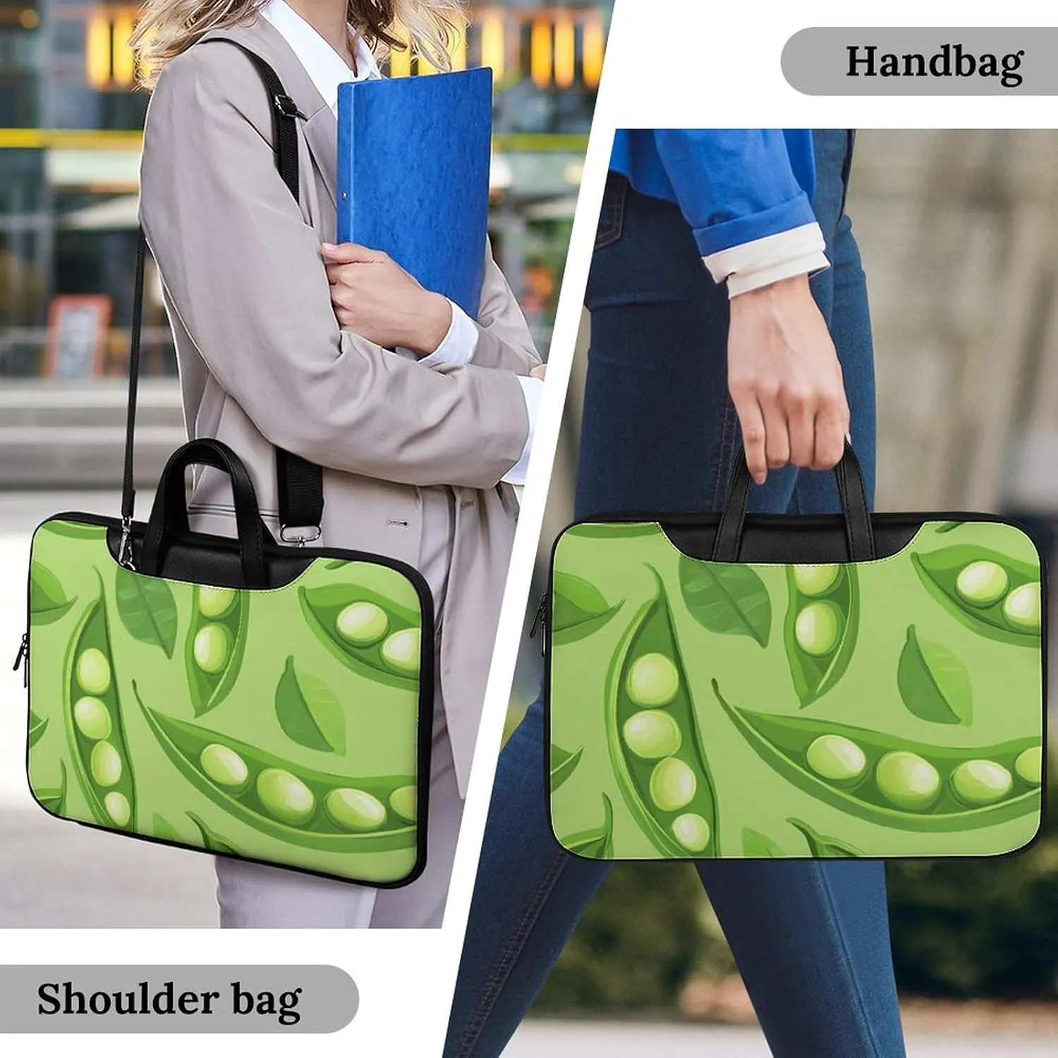 Pea Pod Green Leaves Leather Bag Laptop Case Slim Water Resistant Computer Bags with Handle Briefcase for Work