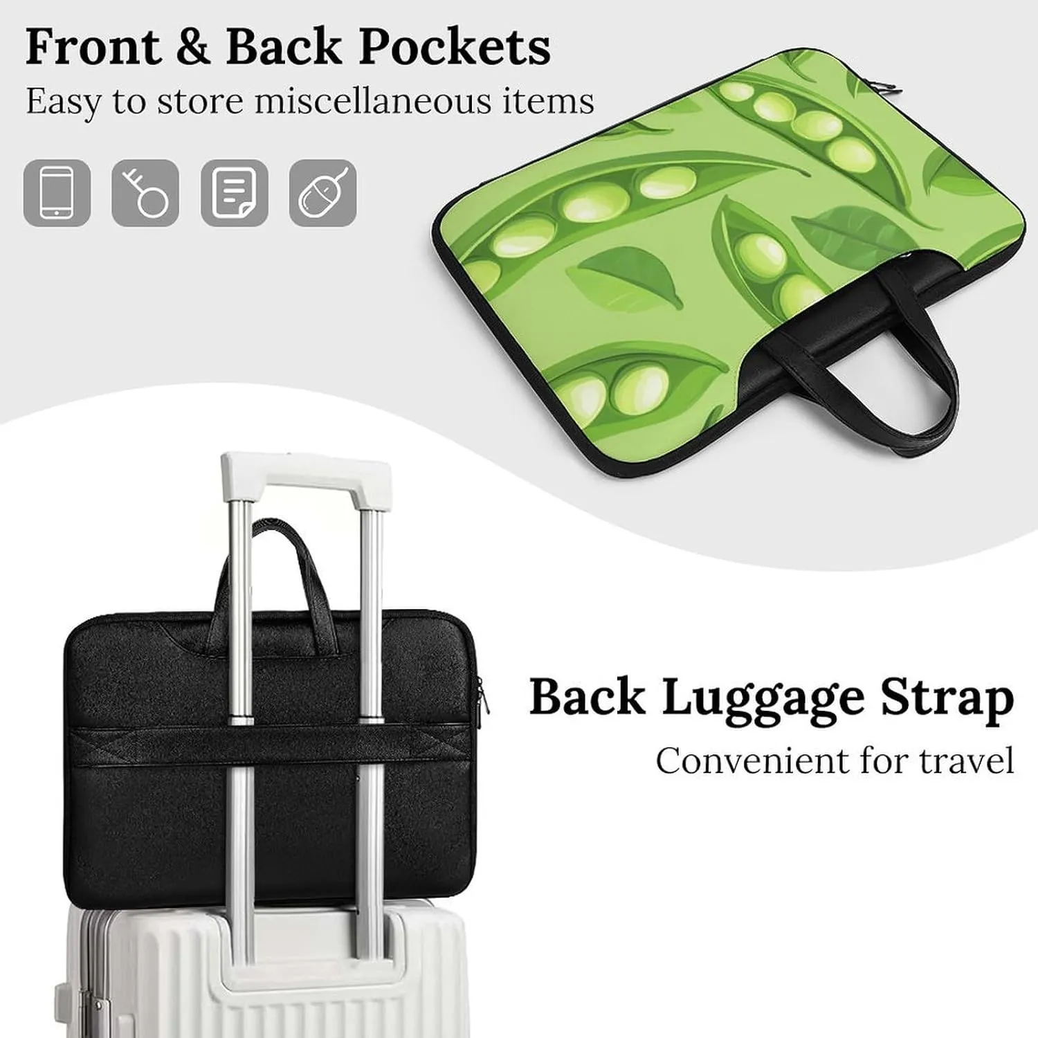 Pea Pod Green Leaves Leather Bag Laptop Case Slim Water Resistant Computer Bags with Handle Briefcase for Work