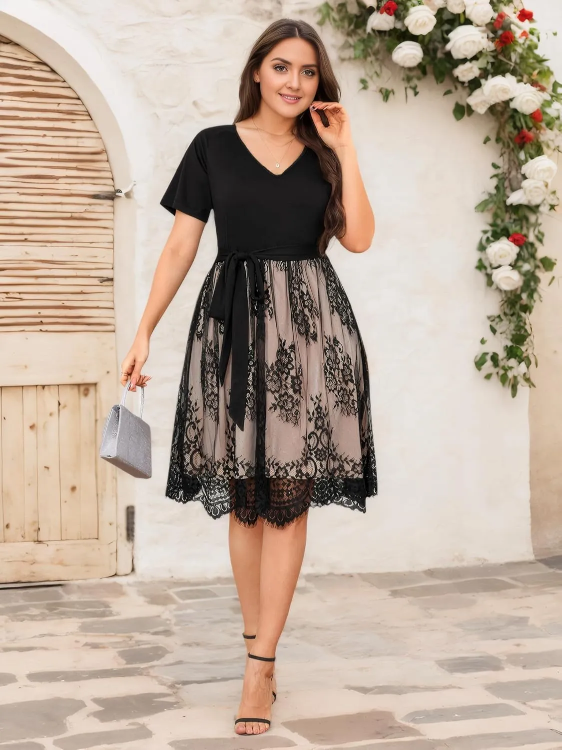 Plus Size Elegant Lace Dress, 2025 Women Summer Casual Dresses Short Sleeve V Neck Midi A-Line-Dress Cocktail