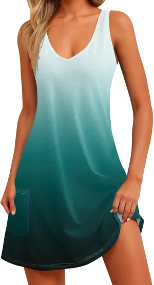 Plus Size Sundresses for Women 2025 Short Casual V Neck Sleeveless Tank Dress with Pockets Summer Comfy Boho Beach Dress