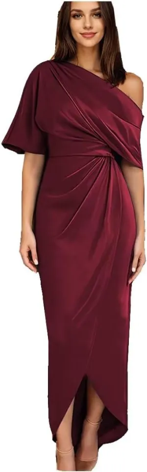 Raseal Women's One Shoulder Satin Mother of The Bride Dress with Sleeves Tea Length Fromal Evening Dress RS088