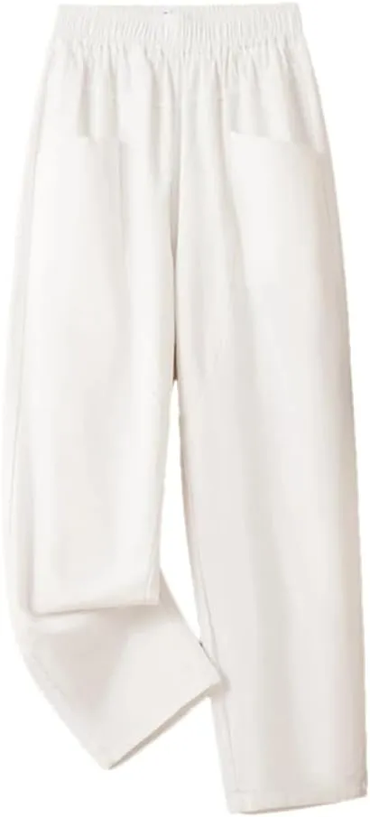 Rfmfkkg Women's Cotton Linen Solid Casual Pants Elastic High Waist Pockets Ankle-Length Harem Pants