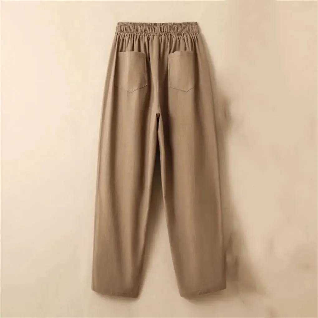 Rfmfkkg Women's Cotton Linen Solid Casual Pants Elastic High Waist Pockets Ankle-Length Harem Pants