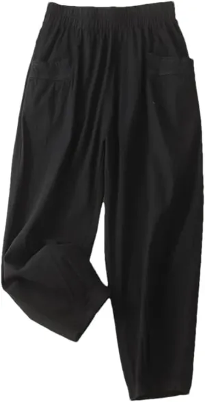 Rfmfkkg Women's Front Pockets Cotton Linen Solid Casual Pants Elastic High Waist Ankle-Length Harem Pants