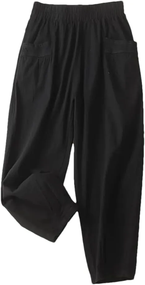 Rfmfkkg Women's Front Pockets Cotton Linen Solid Casual Pants Elastic High Waist Ankle-Length Harem Pants