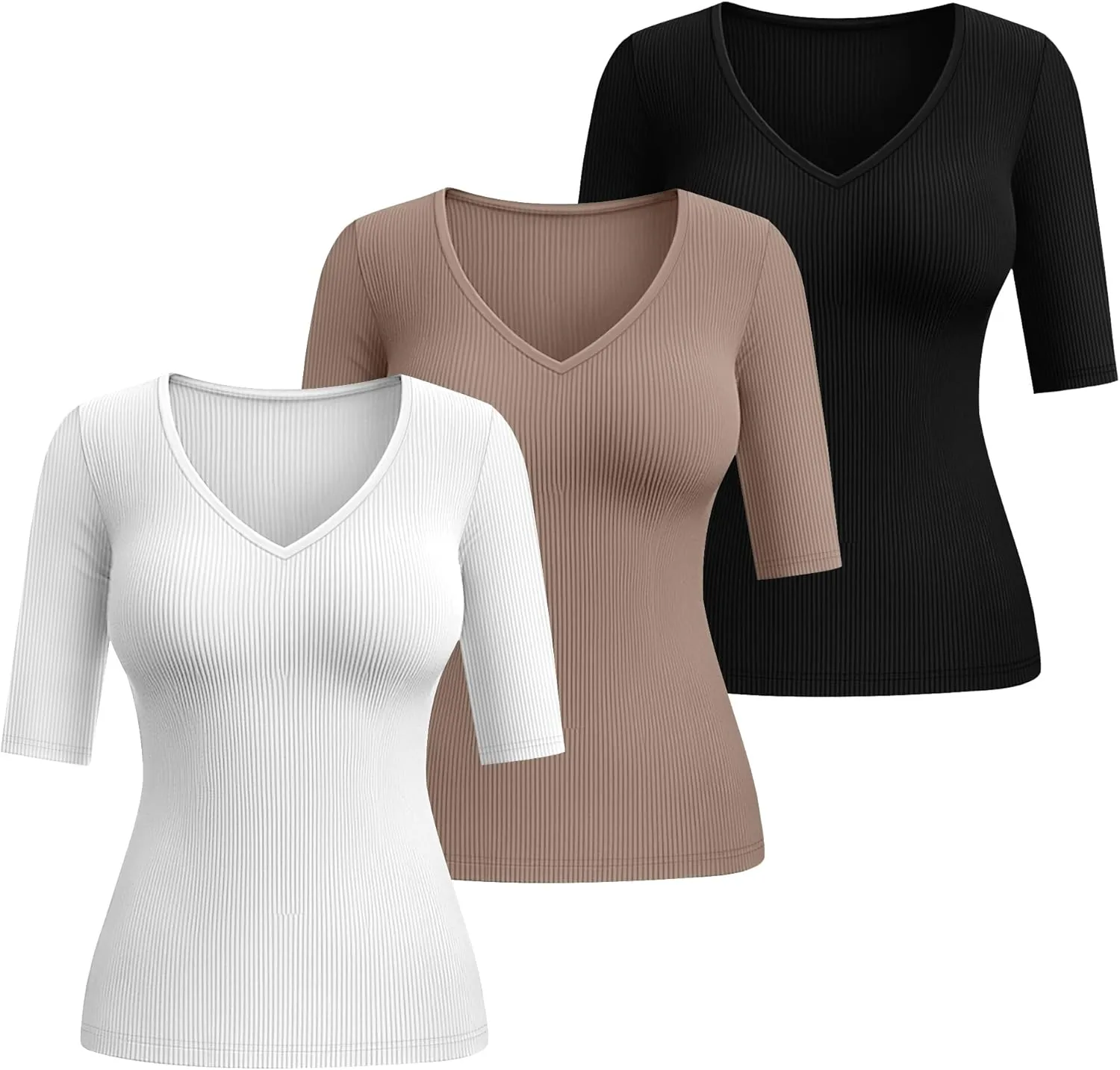 Riyiper 3 Pack Women's Half Sleeve Top Elbow Length Ribbed Cotton T Shirt Women V Neck Summer Tee Slim Fit Casual Blouses