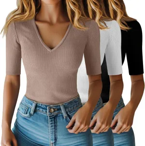 Riyiper 3 Pack Women's Half Sleeve Top Elbow Length Ribbed Cotton T Shirt Women V Neck Summer Tee Slim Fit Casual Blouses