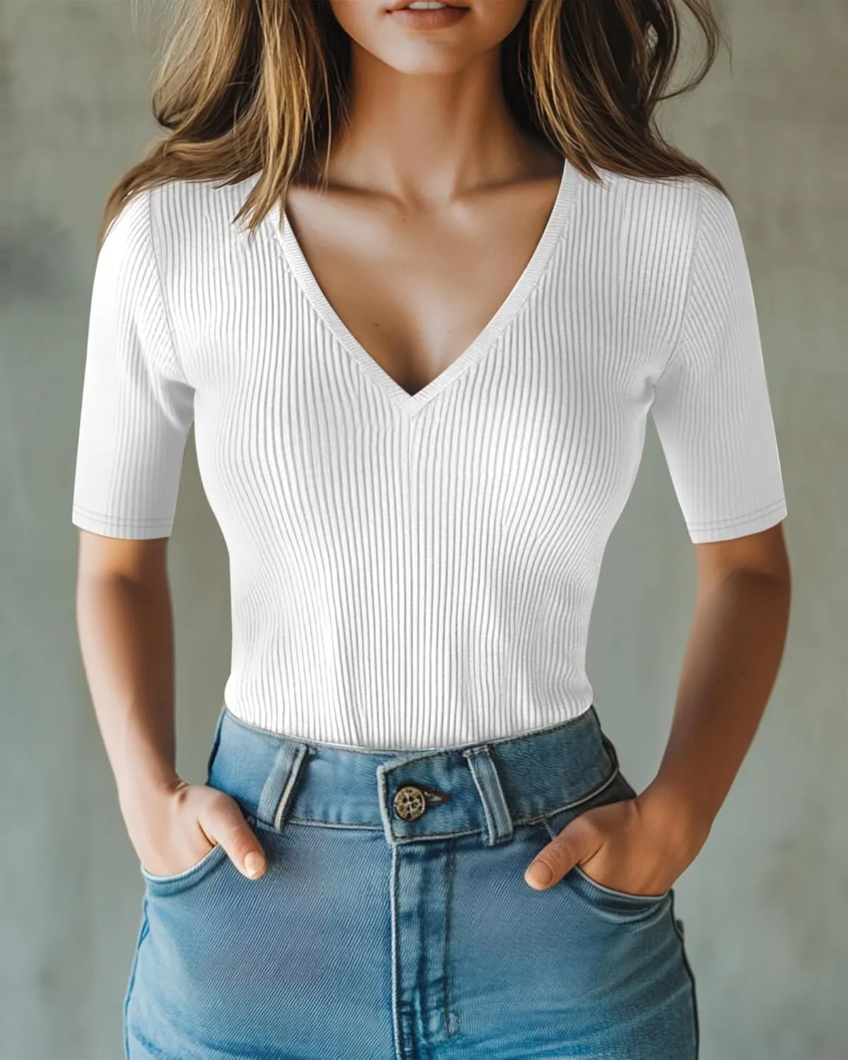 Riyiper 3 Pack Women's Half Sleeve Top Elbow Length Ribbed Cotton T Shirt Women V Neck Summer Tee Slim Fit Casual Blouses