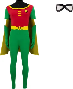 Robin Costume for Men Deluxe Jumpsuit Cloak with Gloves Belt Eye Mask Halloween Cosplay Bodysuit Full Set
