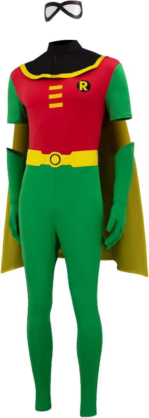 Robin Costume for Men Deluxe Jumpsuit Cloak with Gloves Belt Eye Mask Halloween Cosplay Bodysuit Full Set