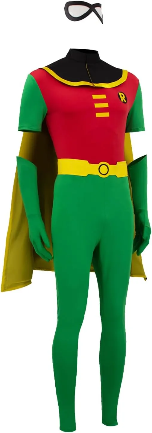 Robin Costume for Men Deluxe Jumpsuit Cloak with Gloves Belt Eye Mask Halloween Cosplay Bodysuit Full Set