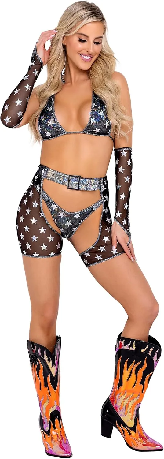 Roma Women's Standard Sheer Mesh with Stars Print Chaps for Rave/Festival
