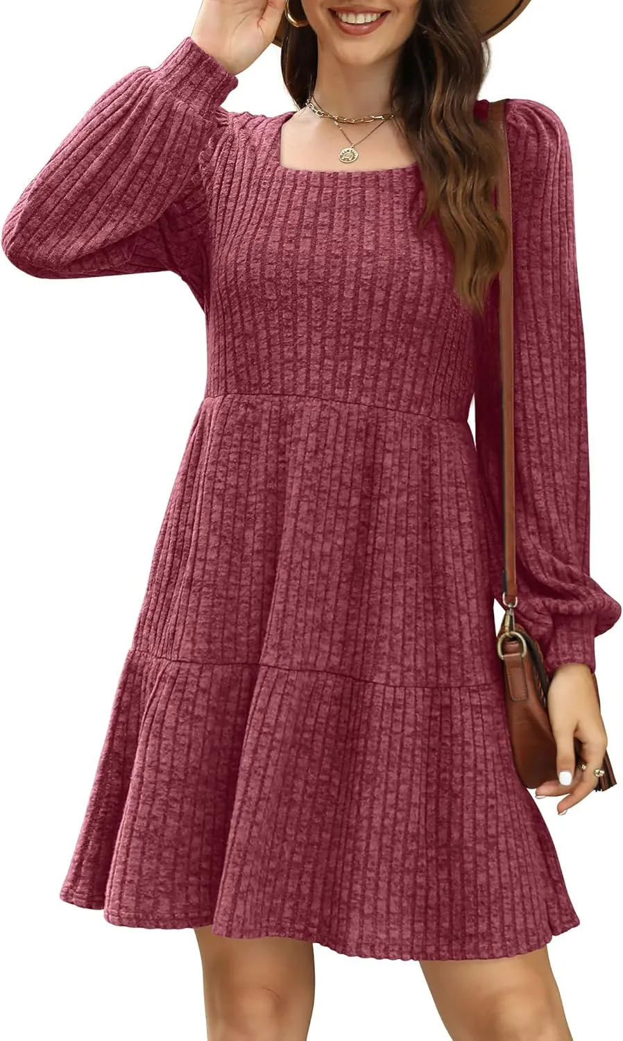 SAMPEEL Womens Square Neck Long Sleeve Fall Dresses Casual Babydoll Sweater Dress