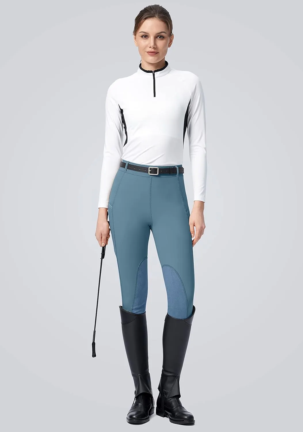 SANTINY Women's Horse Riding Pants with Zipper Pockets Knee-Patch Schooling Tights Equestrian Breeches for Women