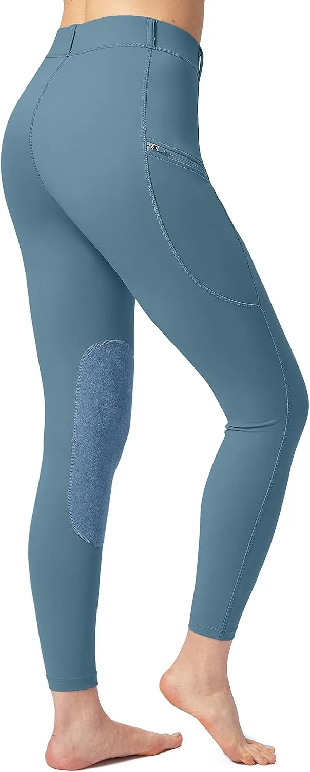SANTINY Women's Horse Riding Pants with Zipper Pockets Knee-Patch Schooling Tights Equestrian Breeches for Women