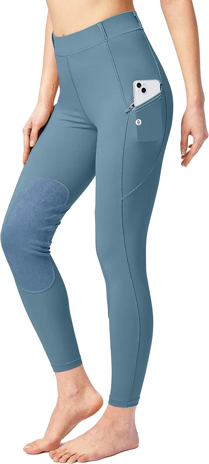 SANTINY Women's Horse Riding Pants with Zipper Pockets Knee-Patch Schooling Tights Equestrian Breeches for Women