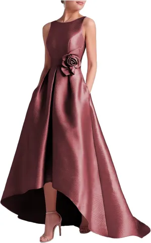 Satin Hi-Low Mother of The Bride Dresses Crew Neck Formal Dress A Line Elegance Wedding Guest Dress with Pockets