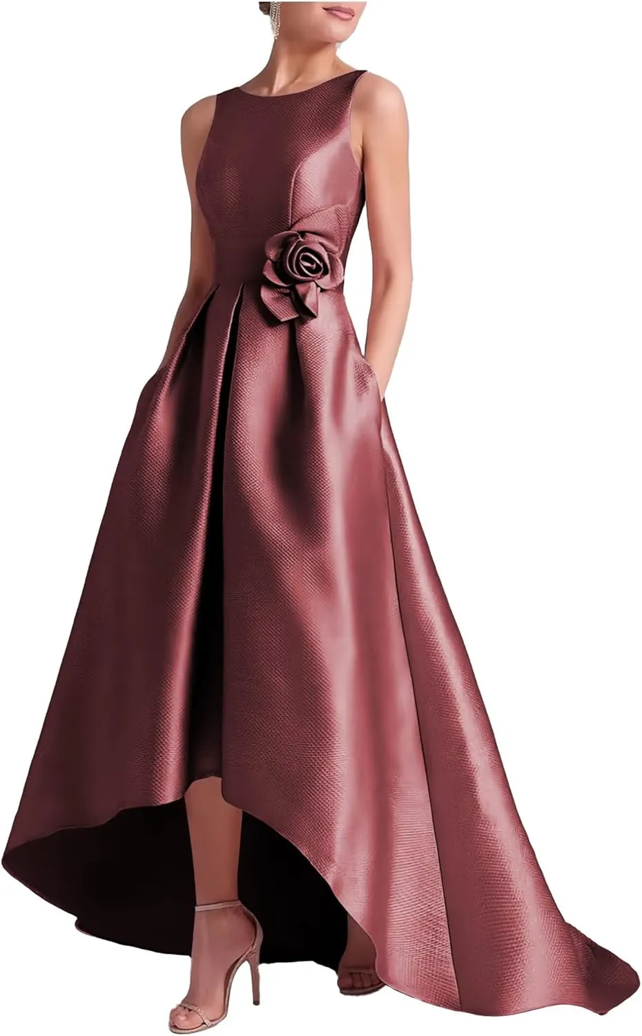 Satin Hi-Low Mother of The Bride Dresses Crew Neck Formal Dress A Line Elegance Wedding Guest Dress with Pockets