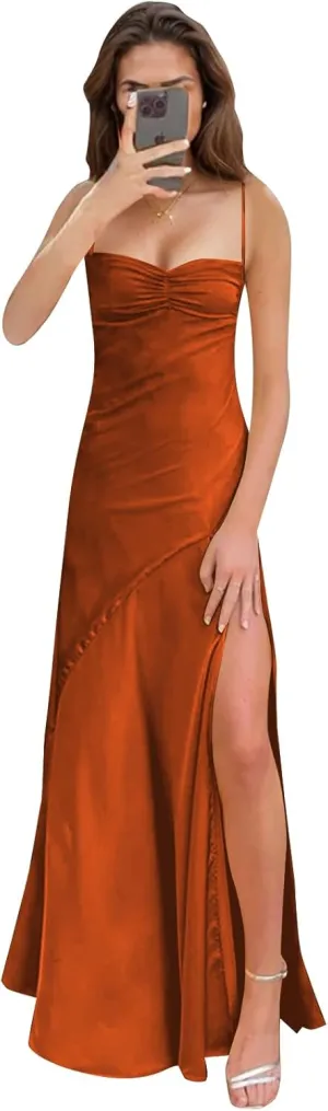 Satin Prom Dresses for Women 2025 Long Spaghetti Straps A Line Bridesmaid Dresses with Slit