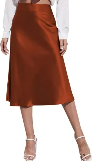 Satin Skirts for Women High Waisted Elegant Midi Length Dress Skirt with Front Tie Detail and Flowy Silhouette