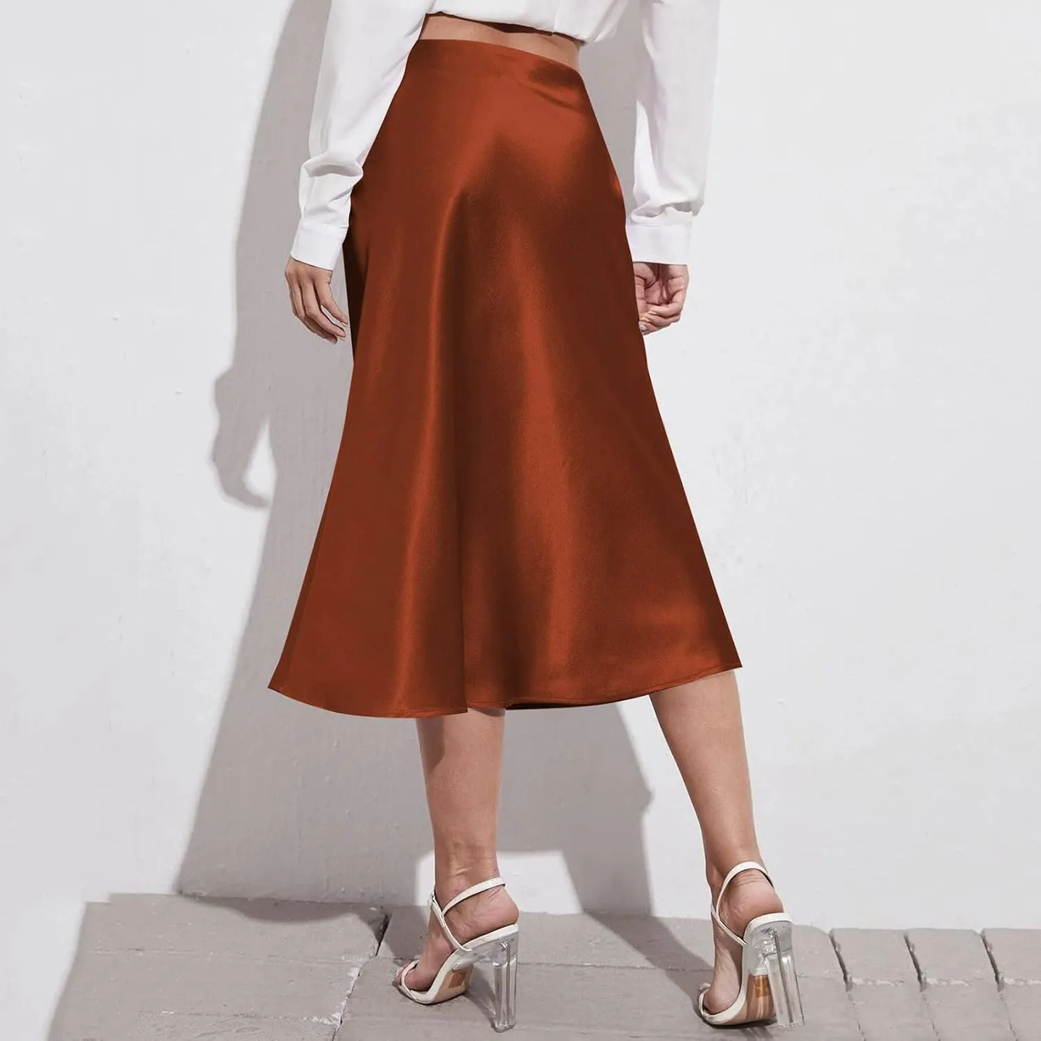 Satin Skirts for Women High Waisted Elegant Midi Length Dress Skirt with Front Tie Detail and Flowy Silhouette