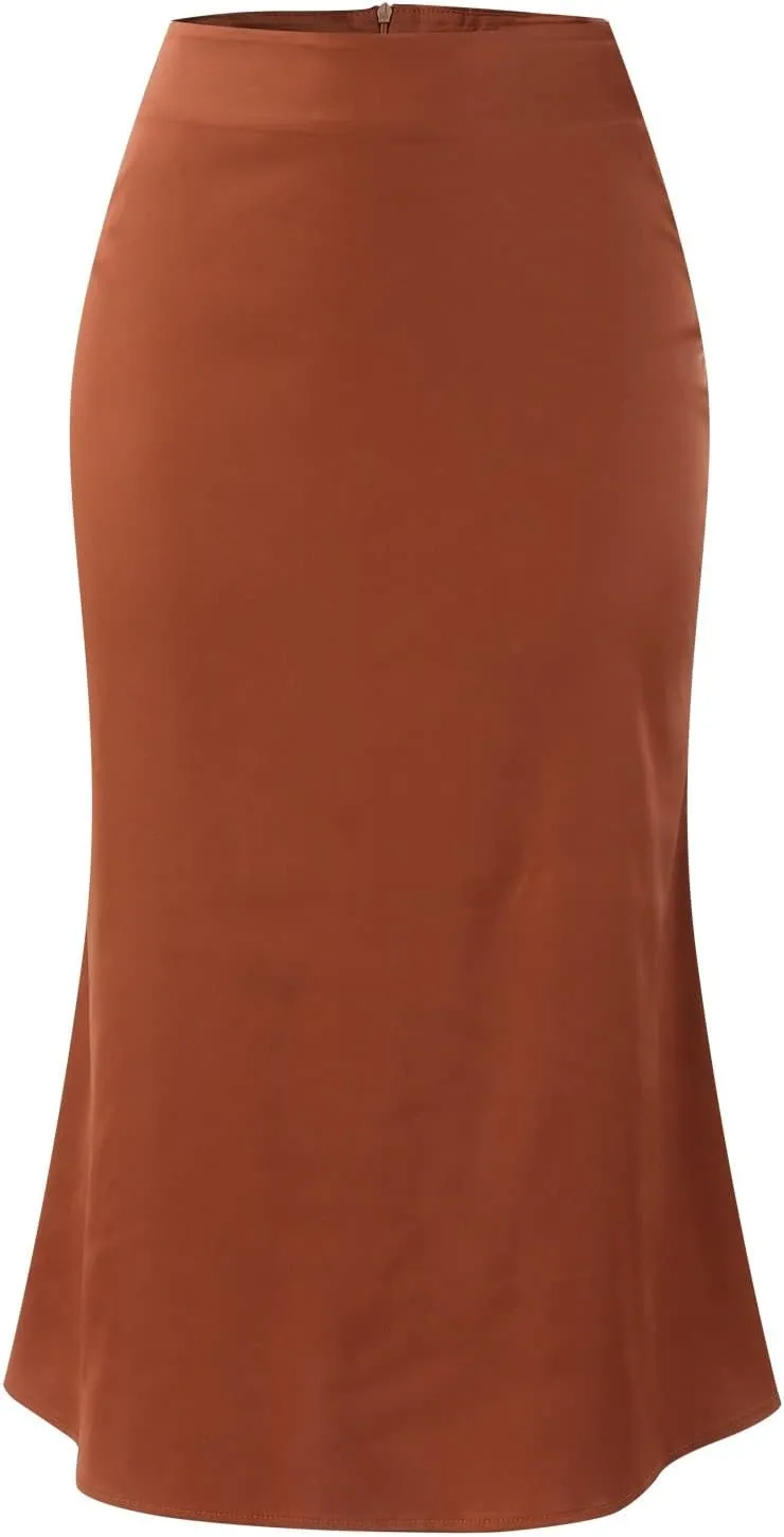 Satin Skirts for Women High Waisted Elegant Midi Length Dress Skirt with Front Tie Detail and Flowy Silhouette