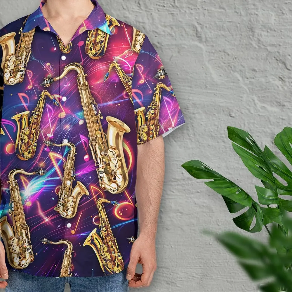 Saxophone Hawaiian Shirts for Men - Musics Lover Button Down Mens Shirts Short Sleeve Luau Beach Shirt