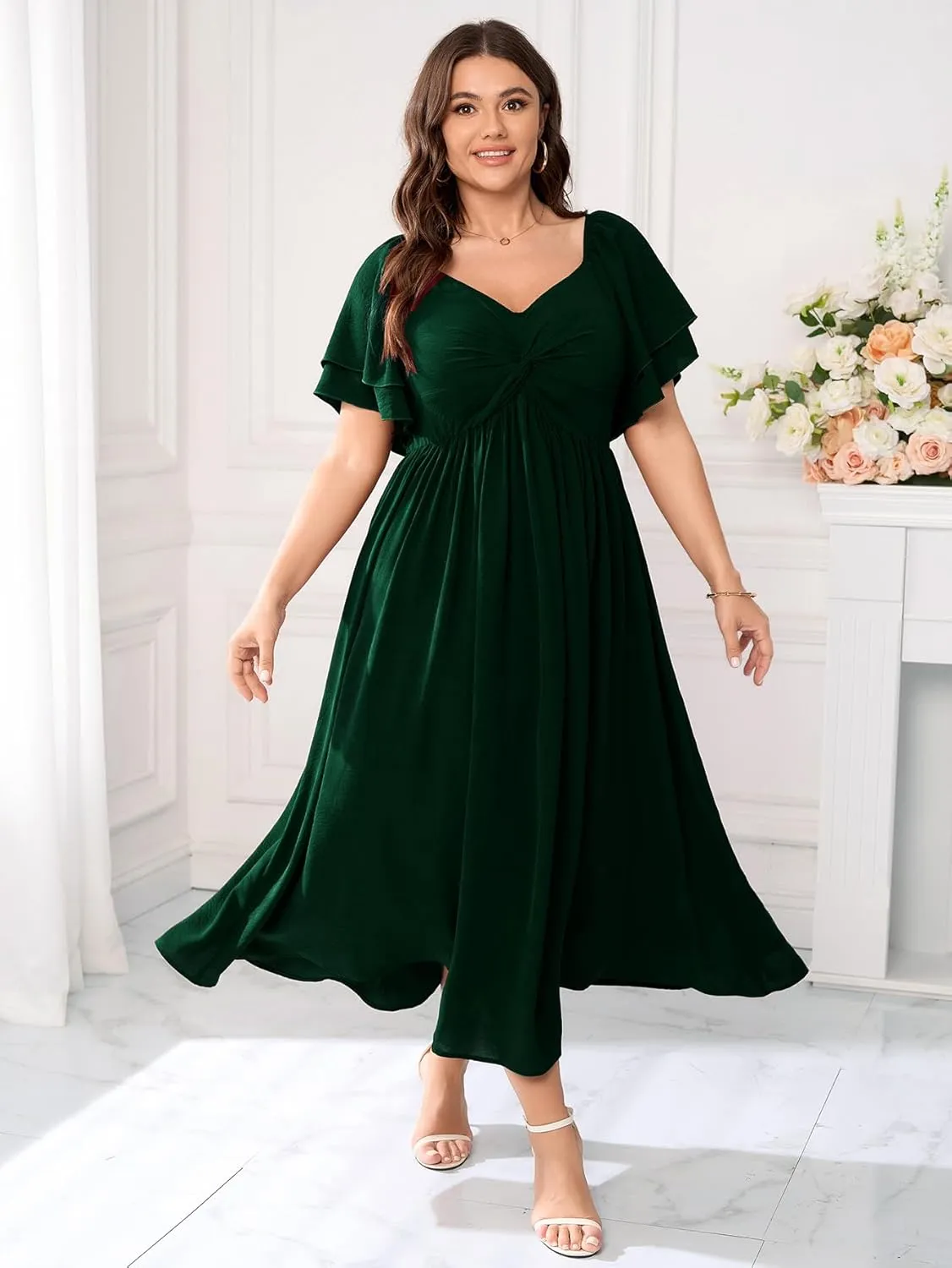 SCOMCHIC Women's Plus Size Wedding Guest Cocktail Dresses Sweetheart Neckline Ruffle Sleeve A Line Maxi Dress