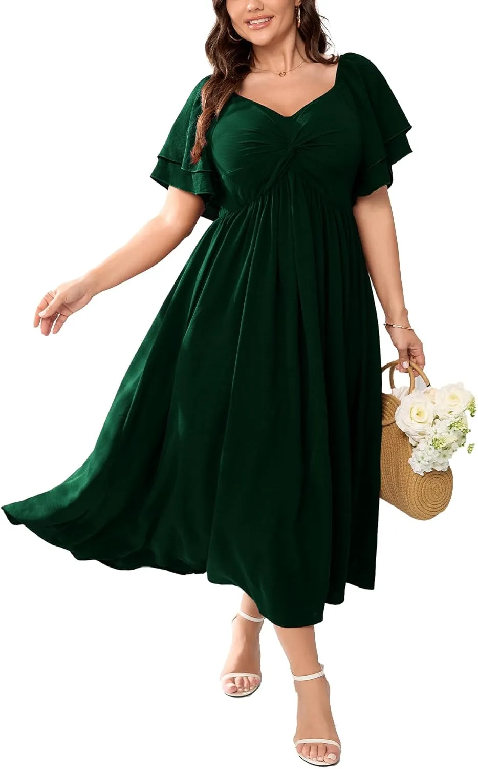 SCOMCHIC Women's Plus Size Wedding Guest Cocktail Dresses Sweetheart Neckline Ruffle Sleeve A Line Maxi Dress