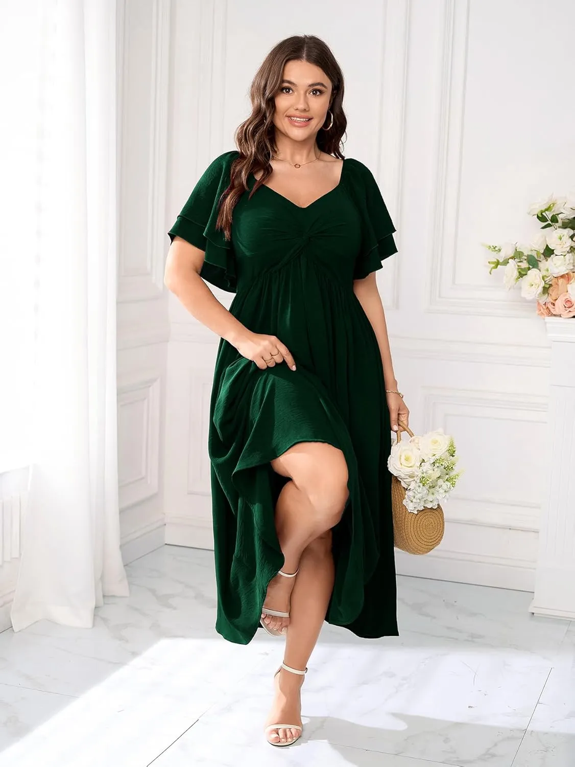 SCOMCHIC Women's Plus Size Wedding Guest Cocktail Dresses Sweetheart Neckline Ruffle Sleeve A Line Maxi Dress