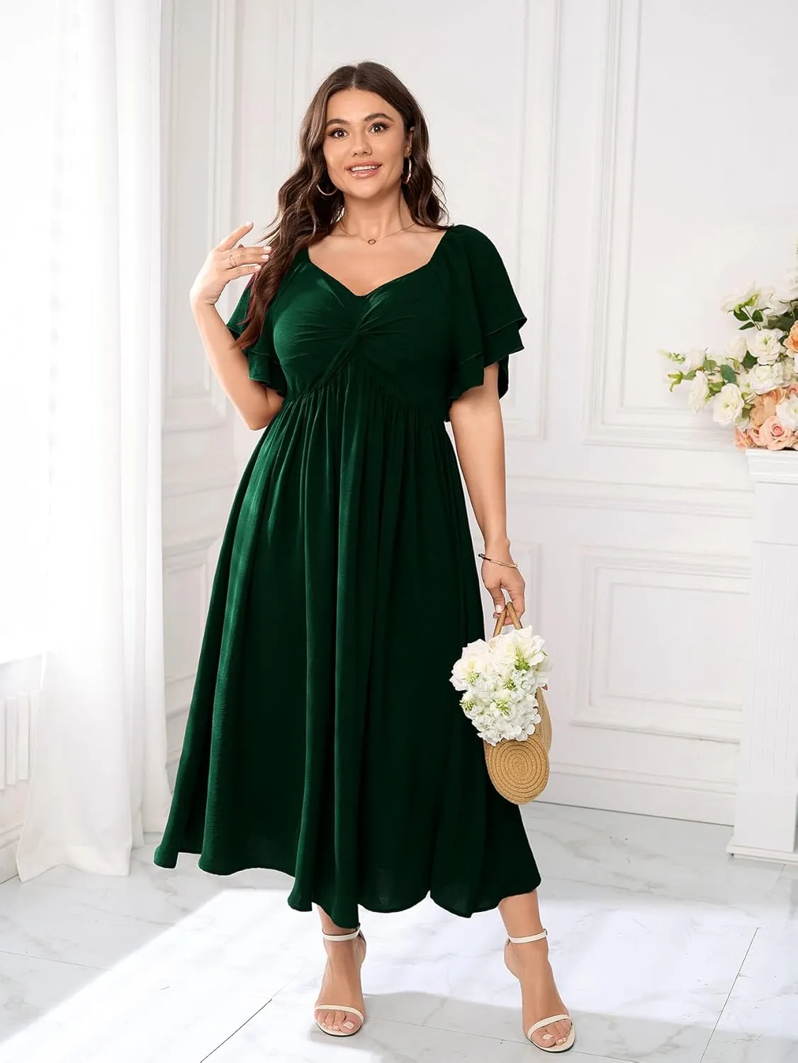 SCOMCHIC Women's Plus Size Wedding Guest Cocktail Dresses Sweetheart Neckline Ruffle Sleeve A Line Maxi Dress