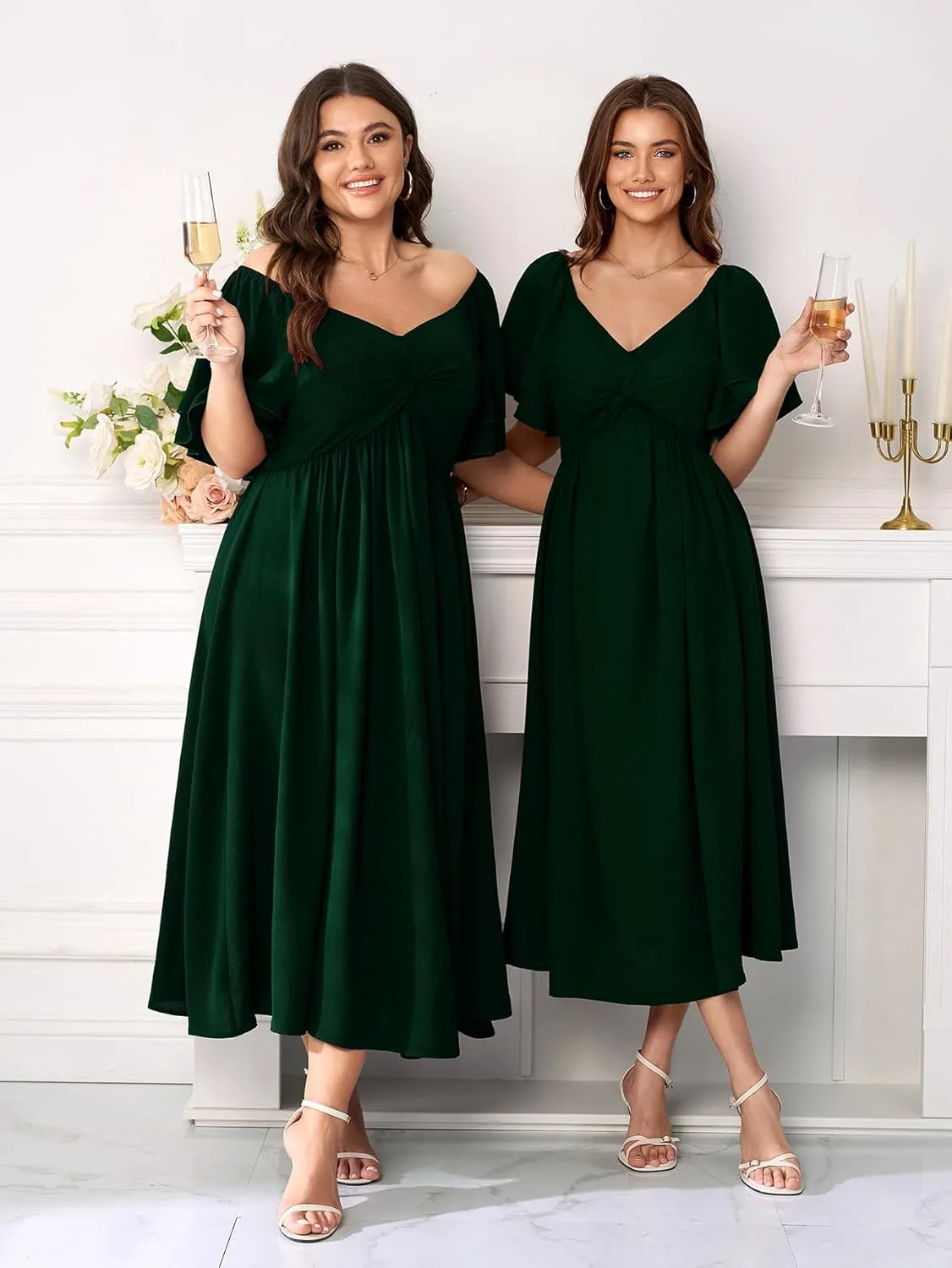 SCOMCHIC Women's Plus Size Wedding Guest Cocktail Dresses Sweetheart Neckline Ruffle Sleeve A Line Maxi Dress