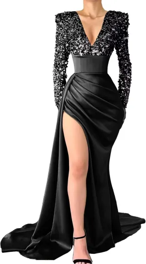 Sequin Mermaid Prom Dresses 2024 Long Sleeve Satin Sparkly V-Neck Evening Formal Wedding Party Gown with Slit