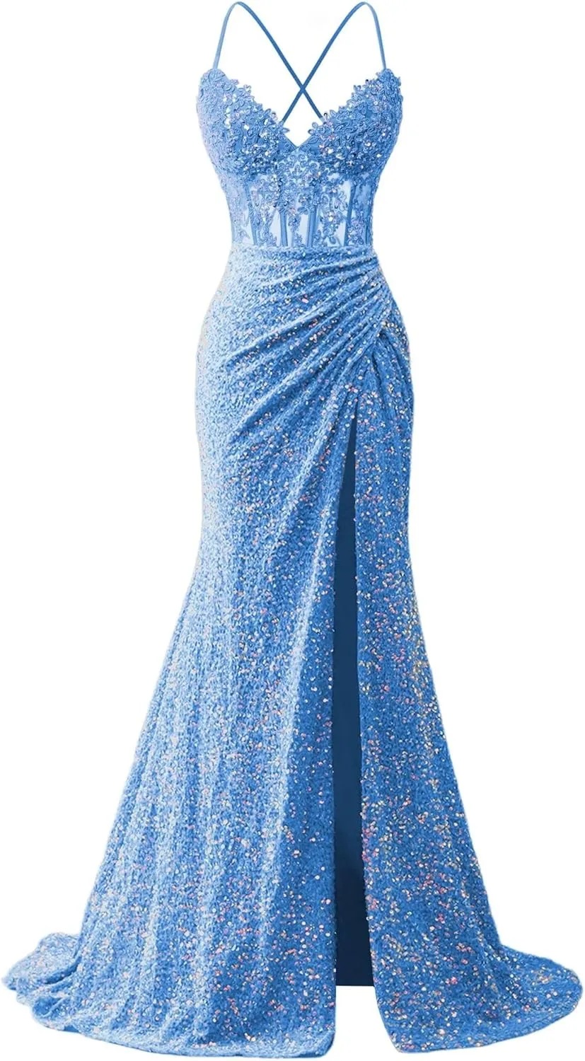 Sequins Prom Dresses Sparkly Corset Lace Appliques Spaghetti Straps Mermaid Long Slit Evening Gowns for Women 2025