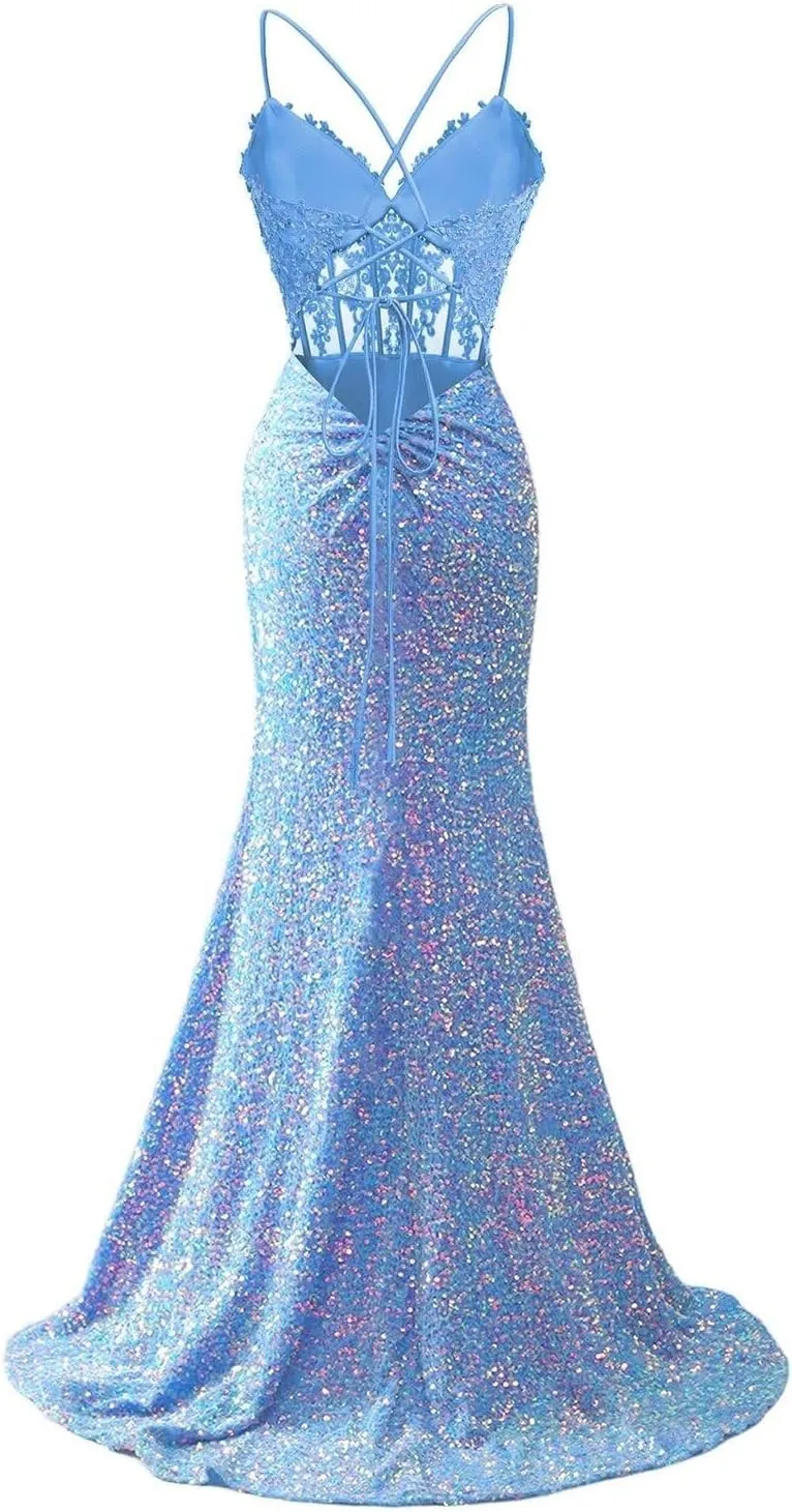 Sequins Prom Dresses Sparkly Corset Lace Appliques Spaghetti Straps Mermaid Long Slit Evening Gowns for Women 2025