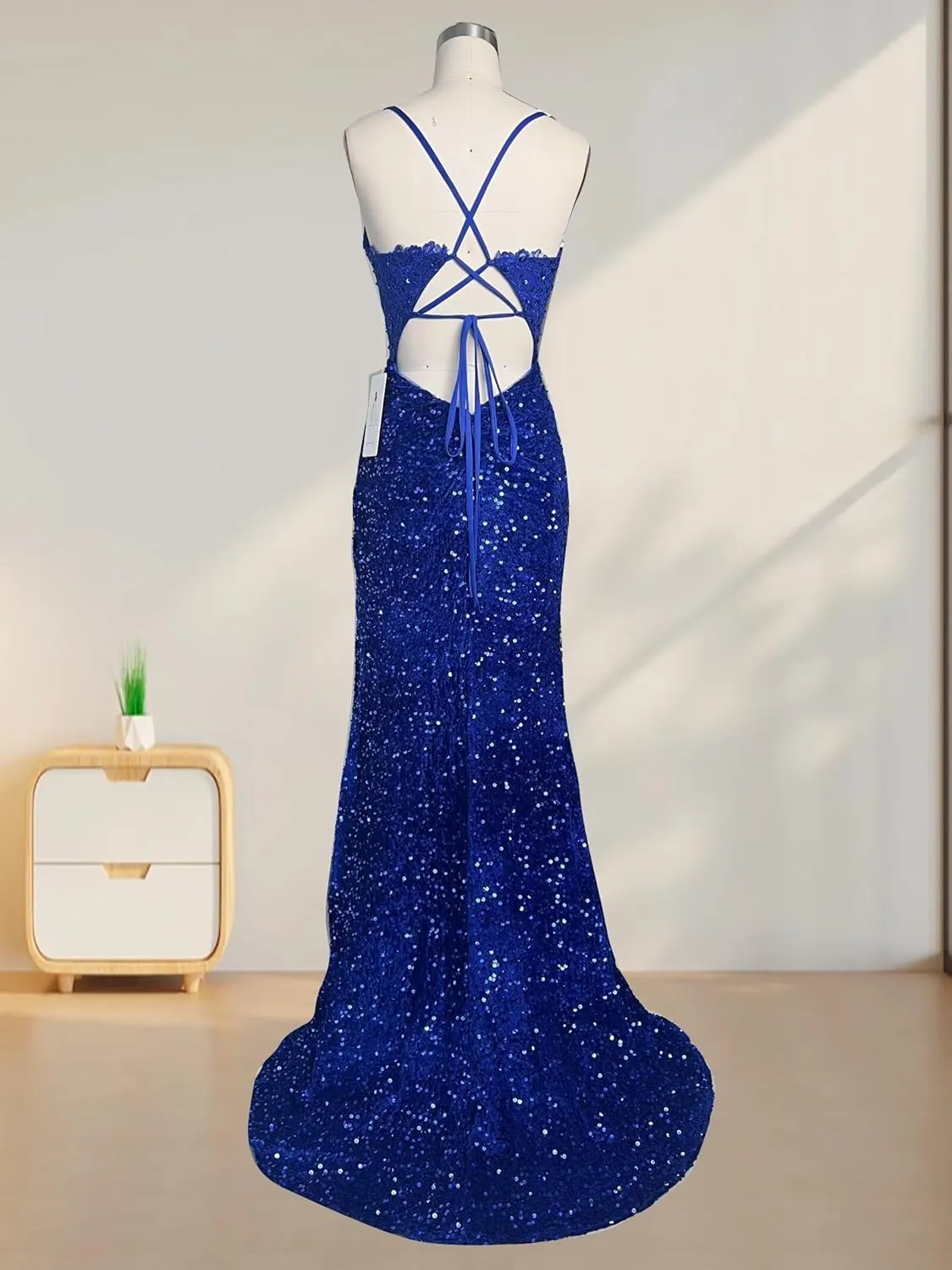 Sequins Prom Dresses Sparkly Corset Lace Appliques Spaghetti Straps Mermaid Long Slit Evening Gowns for Women 2025