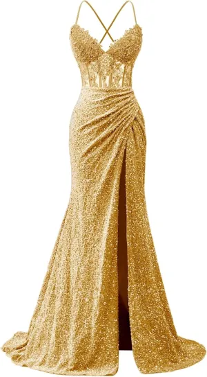 Sequins Prom Dresses Sparkly Corset Lace Appliques Spaghetti Straps Mermaid Long Slit Evening Gowns for Women 2025