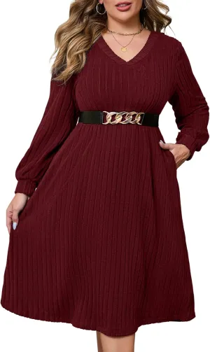 ShopWonder Womens Plus Size V-Neck Lantern Long Sleeve Casual Loose Winter Pullover Sweater Midi Dresses with Belt