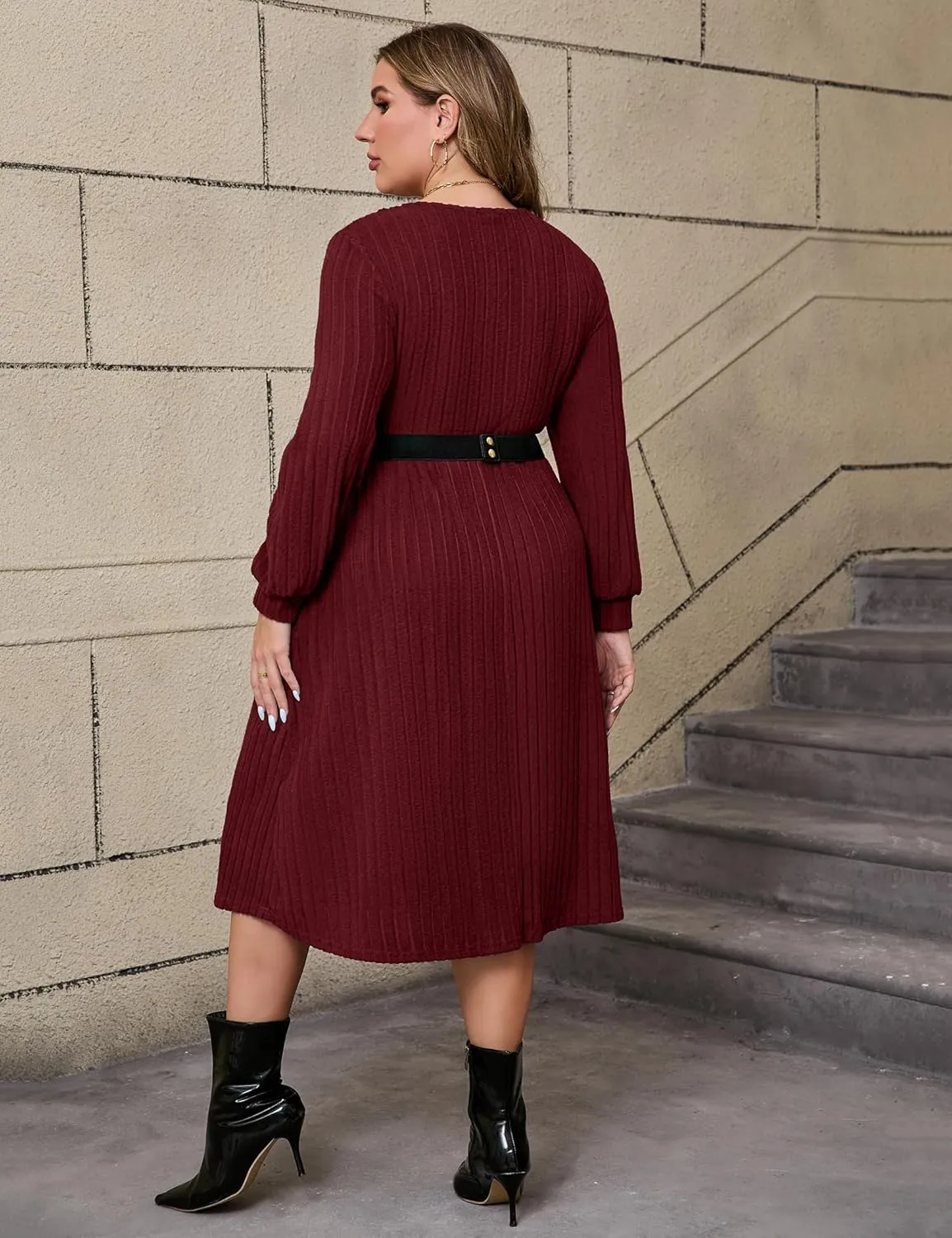 ShopWonder Womens Plus Size V-Neck Lantern Long Sleeve Casual Loose Winter Pullover Sweater Midi Dresses with Belt