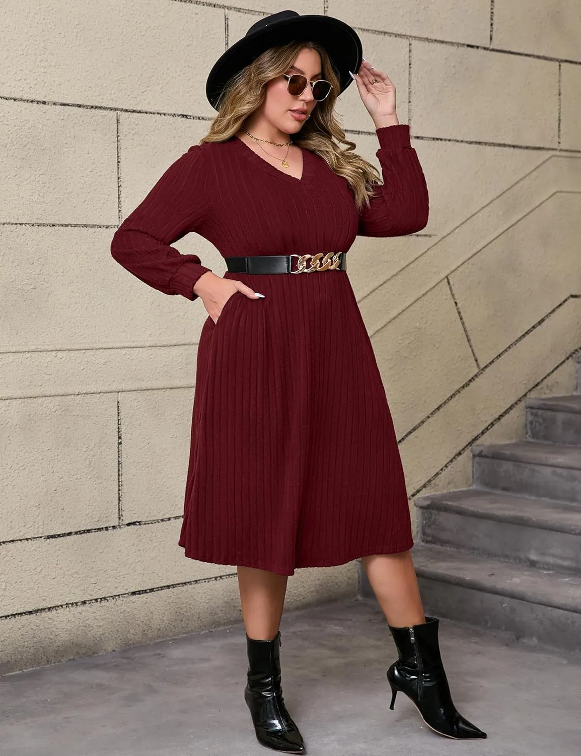 ShopWonder Womens Plus Size V-Neck Lantern Long Sleeve Casual Loose Winter Pullover Sweater Midi Dresses with Belt
