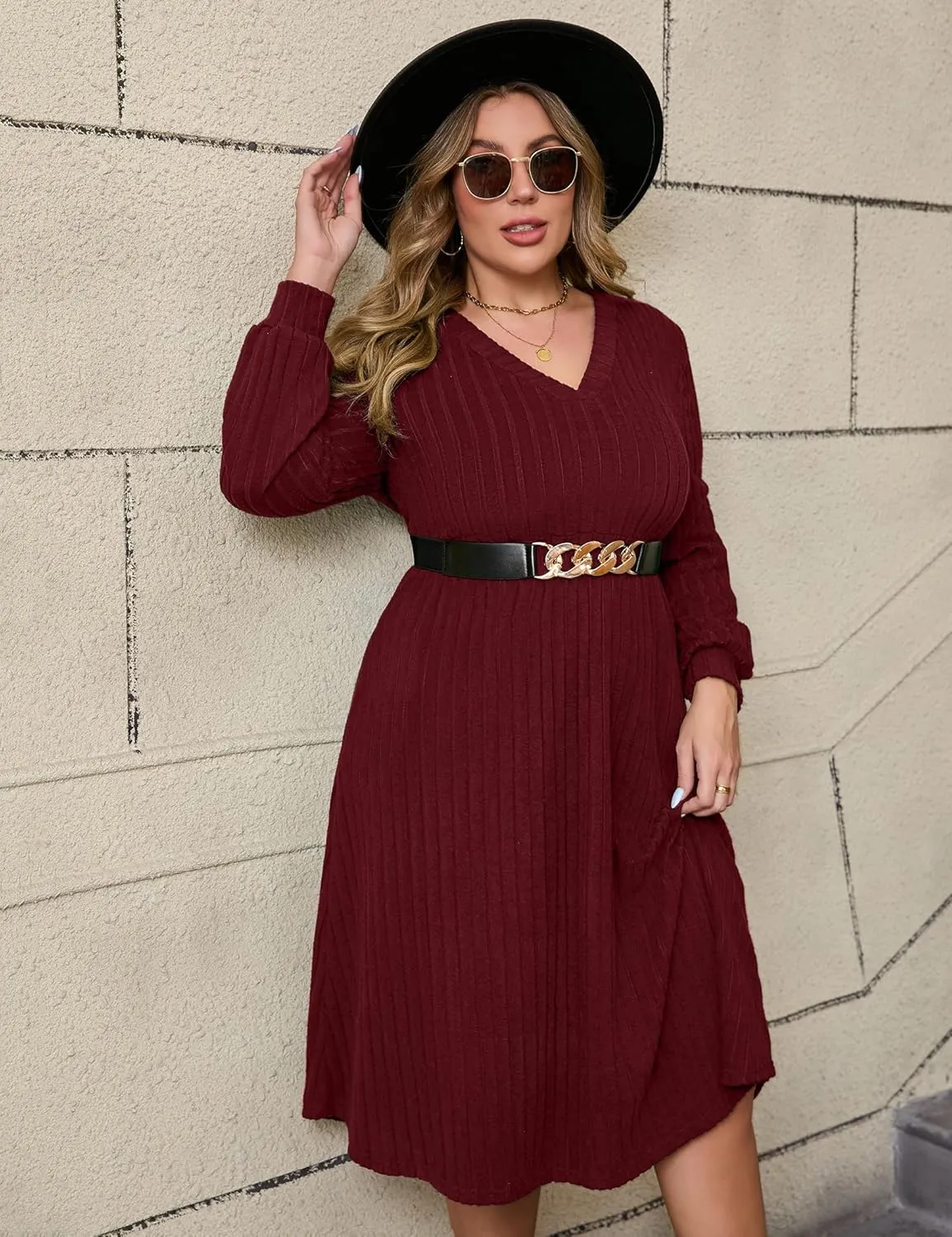 ShopWonder Womens Plus Size V-Neck Lantern Long Sleeve Casual Loose Winter Pullover Sweater Midi Dresses with Belt