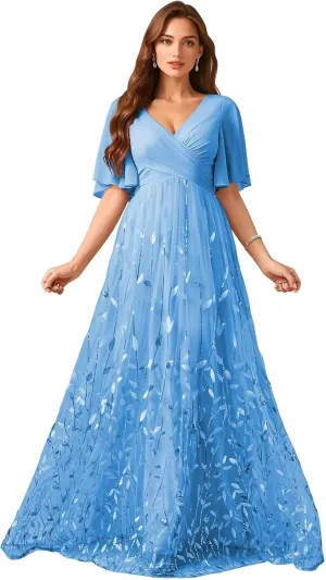 Short Sleeves Mother of The Bride Dresses for Wedding Long Chiffon V Neck Leaf Formal Evening Gowns