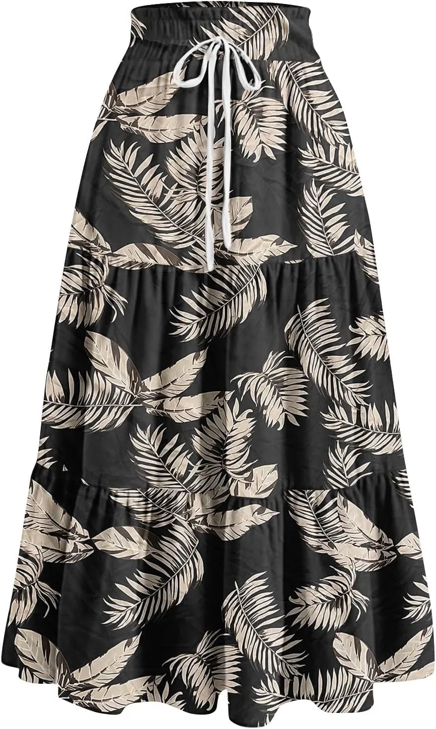 Skirts for Women Summer Tiered Elastic High Waisted Floral Skirt Vacation A Line Drawstring Flowy Long Skirts