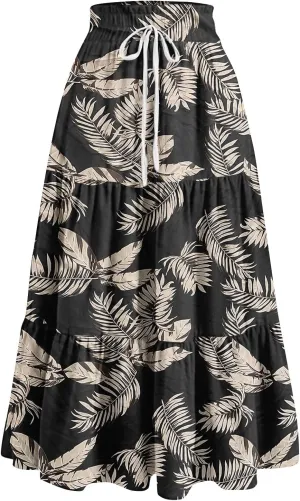 Skirts for Women Summer Tiered Elastic High Waisted Floral Skirt Vacation A Line Drawstring Flowy Long Skirts