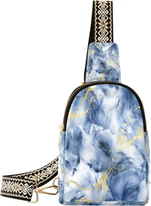 Small Sling Bag Waist Packs Leather Crossbody Packs Chest Bag Blue Gold Marble for Women Travel Belt Purse