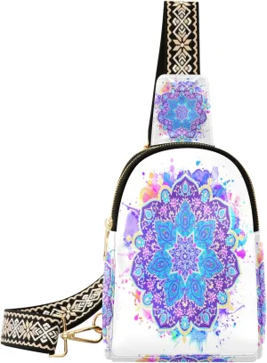 Small Sling Bag Waist Packs Leather Crossbody Packs Chest Bag Blue Mandala Watercolor for Women Travel Belt Purse