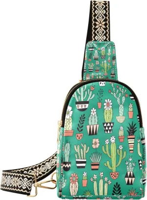 Small Sling Bag Waist Packs Leather Crossbody Packs Chest Bag Cute Blooming Cactuses for Women Travel Belt Purse