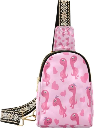 Small Sling Bag Waist Packs Leather Crossbody Packs Chest Bag Cute Pink Dinosaur for Women Travel Belt Purse